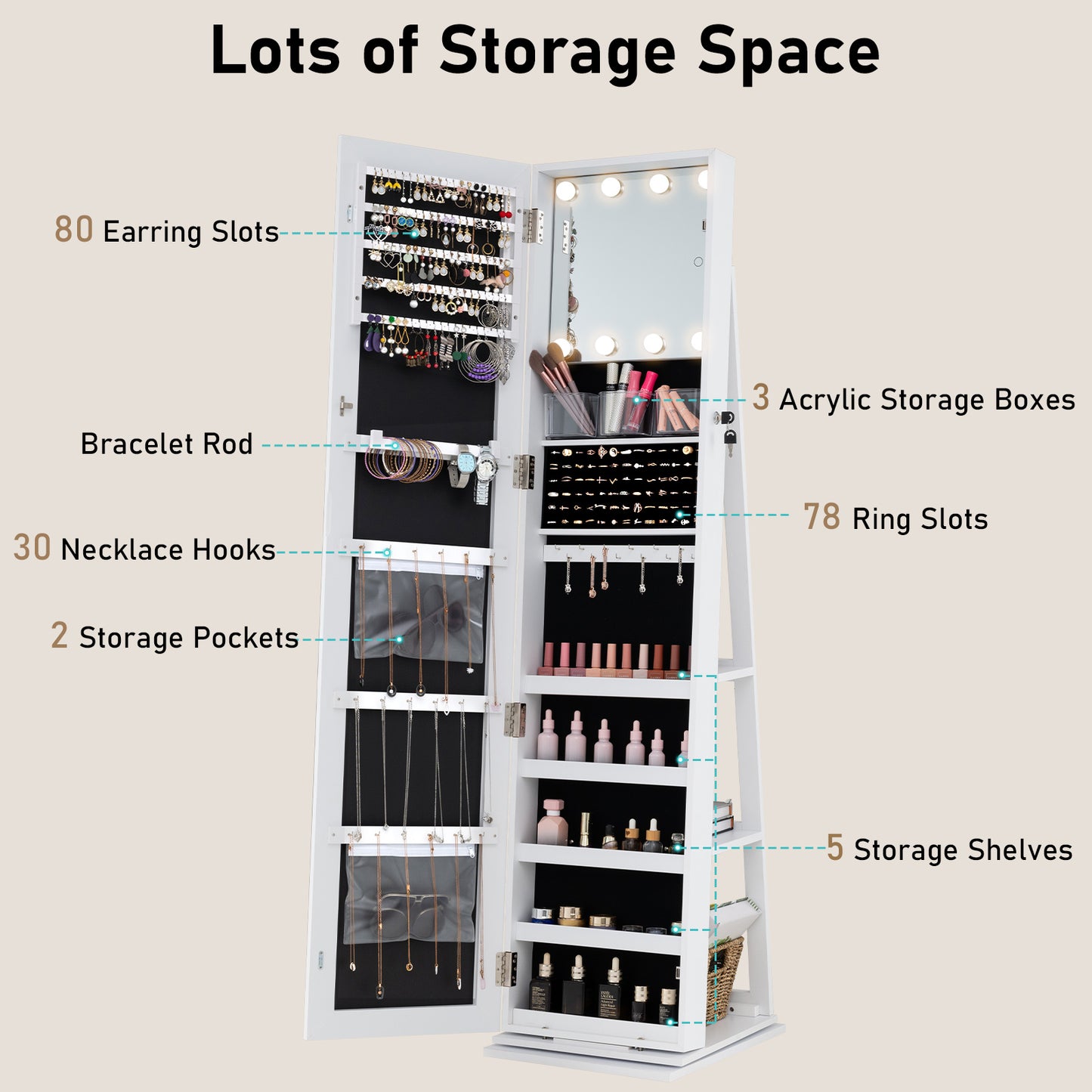 Swivel Jewelry Cabinet with Full Length Mirror and LED Lights