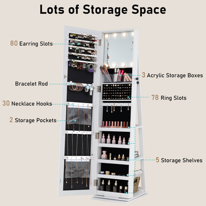 Swivel Jewelry Cabinet with Full Length Mirror and LED Lights