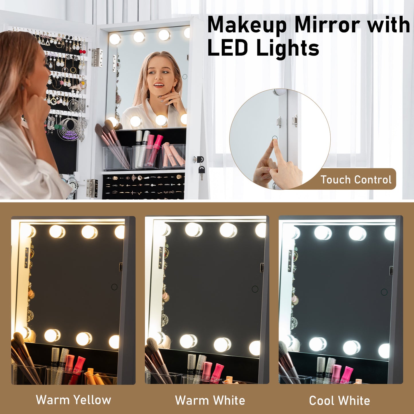 Swivel Jewelry Cabinet with Full Length Mirror and LED Lights