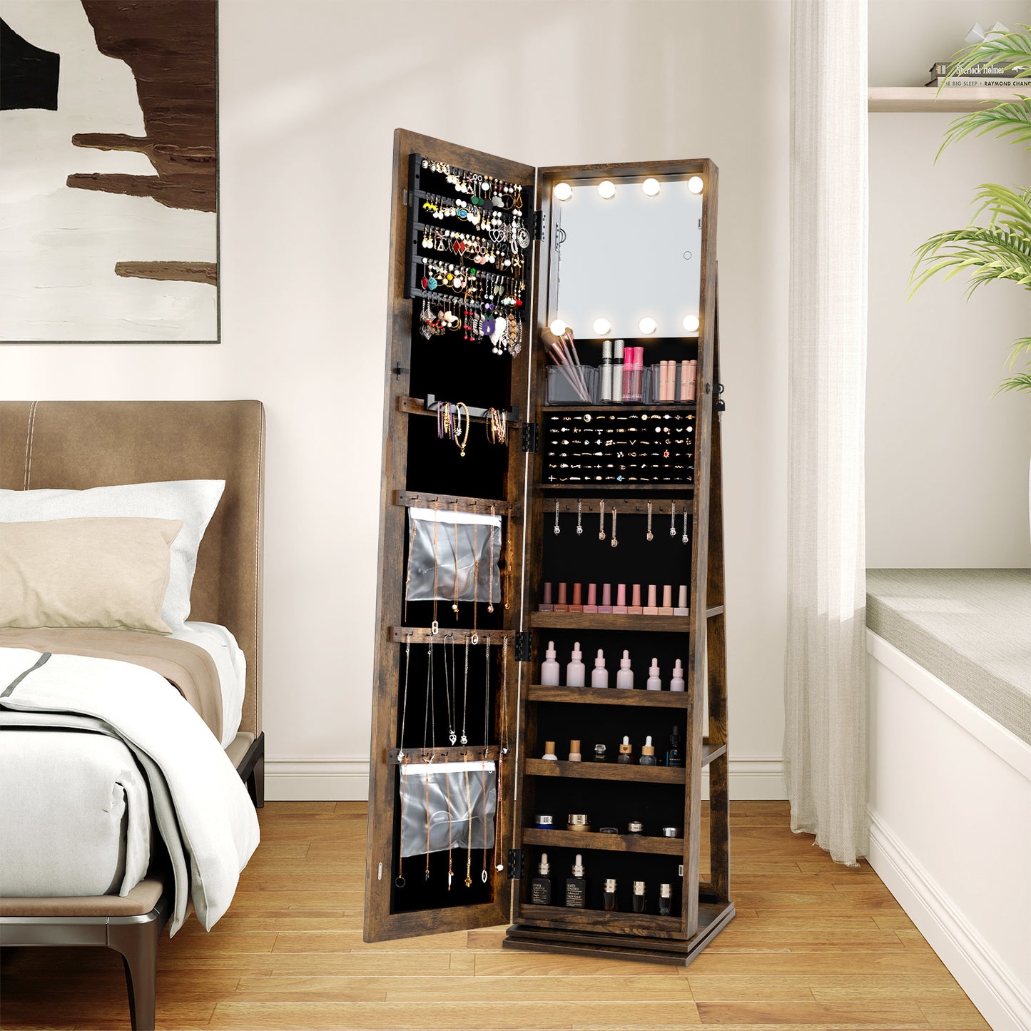 Swivel Jewelry Cabinet with Full Length Mirror and LED Lights