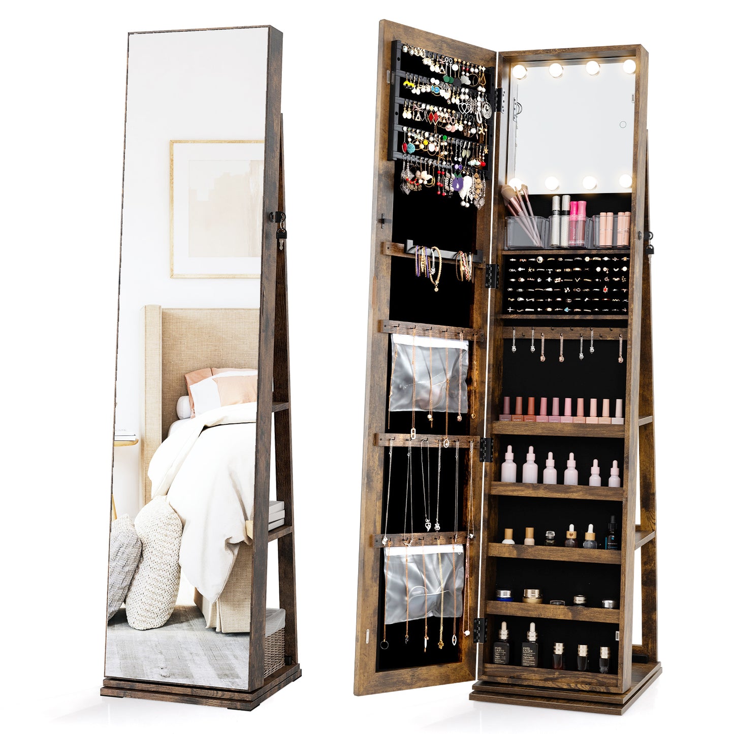 Swivel Jewelry Cabinet with Full Length Mirror and LED Lights