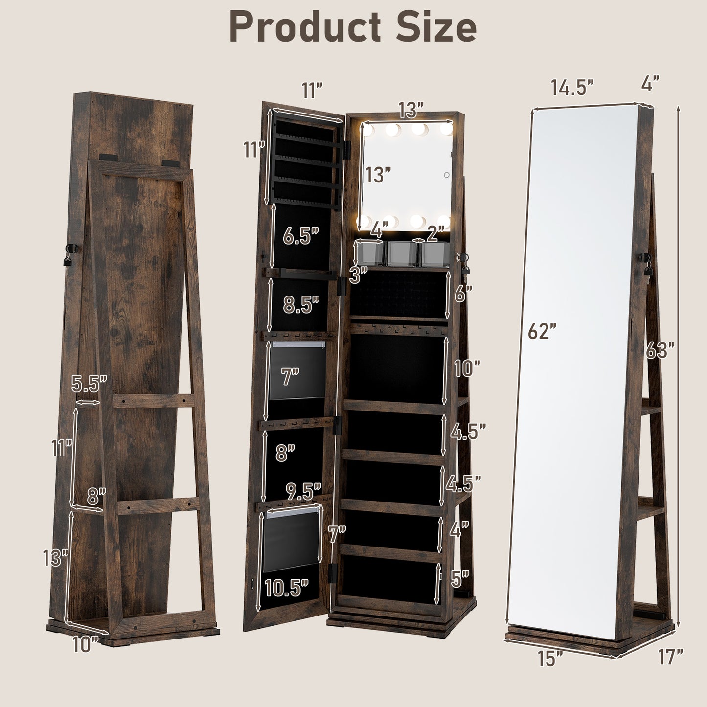 Swivel Jewelry Cabinet with Full Length Mirror and LED Lights