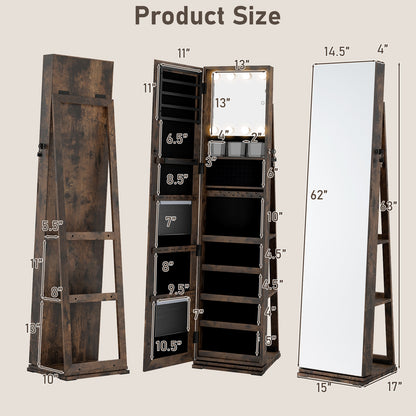 Swivel Jewelry Cabinet with Full Length Mirror and LED Lights