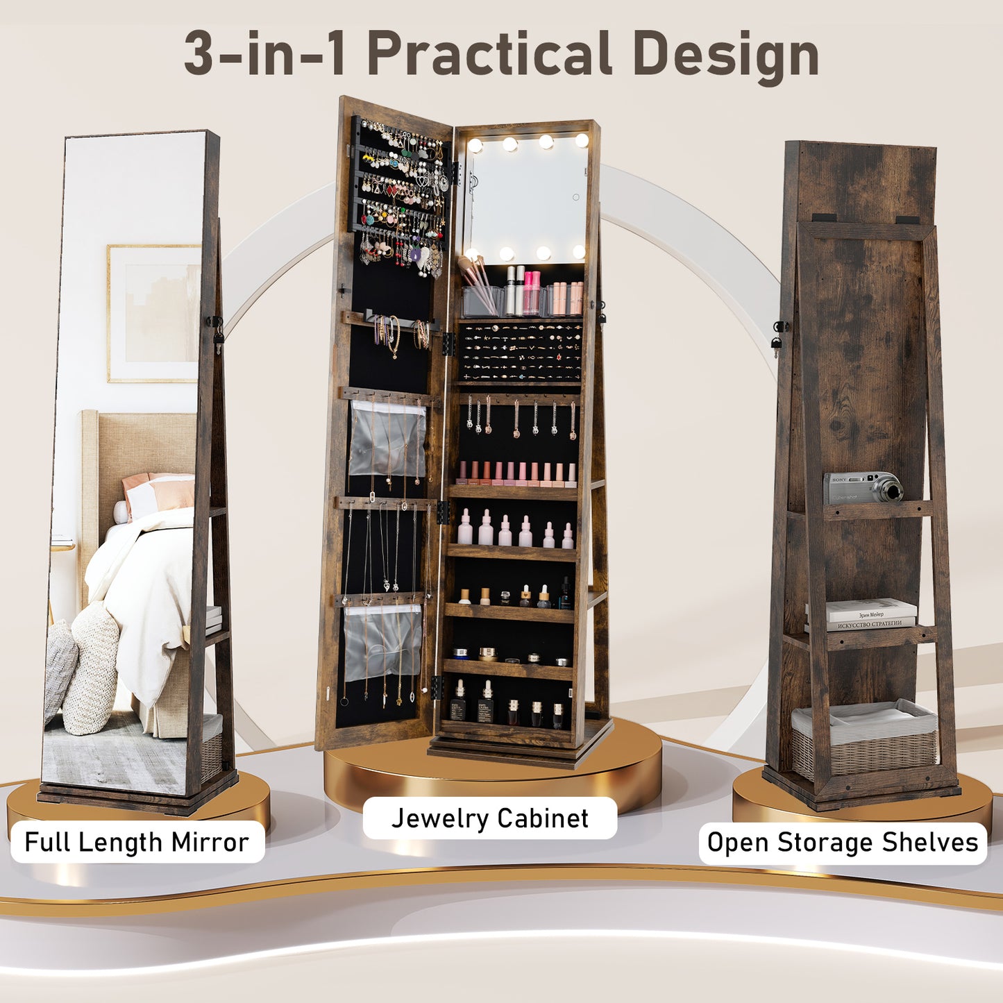 Swivel Jewelry Cabinet with Full Length Mirror and LED Lights