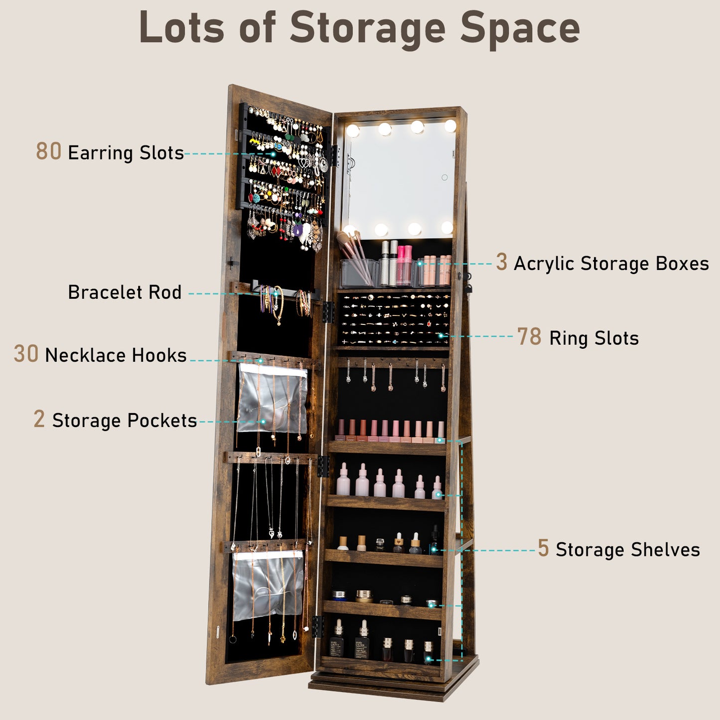 Swivel Jewelry Cabinet with Full Length Mirror and LED Lights