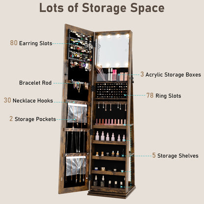 Swivel Jewelry Cabinet with Full Length Mirror and LED Lights