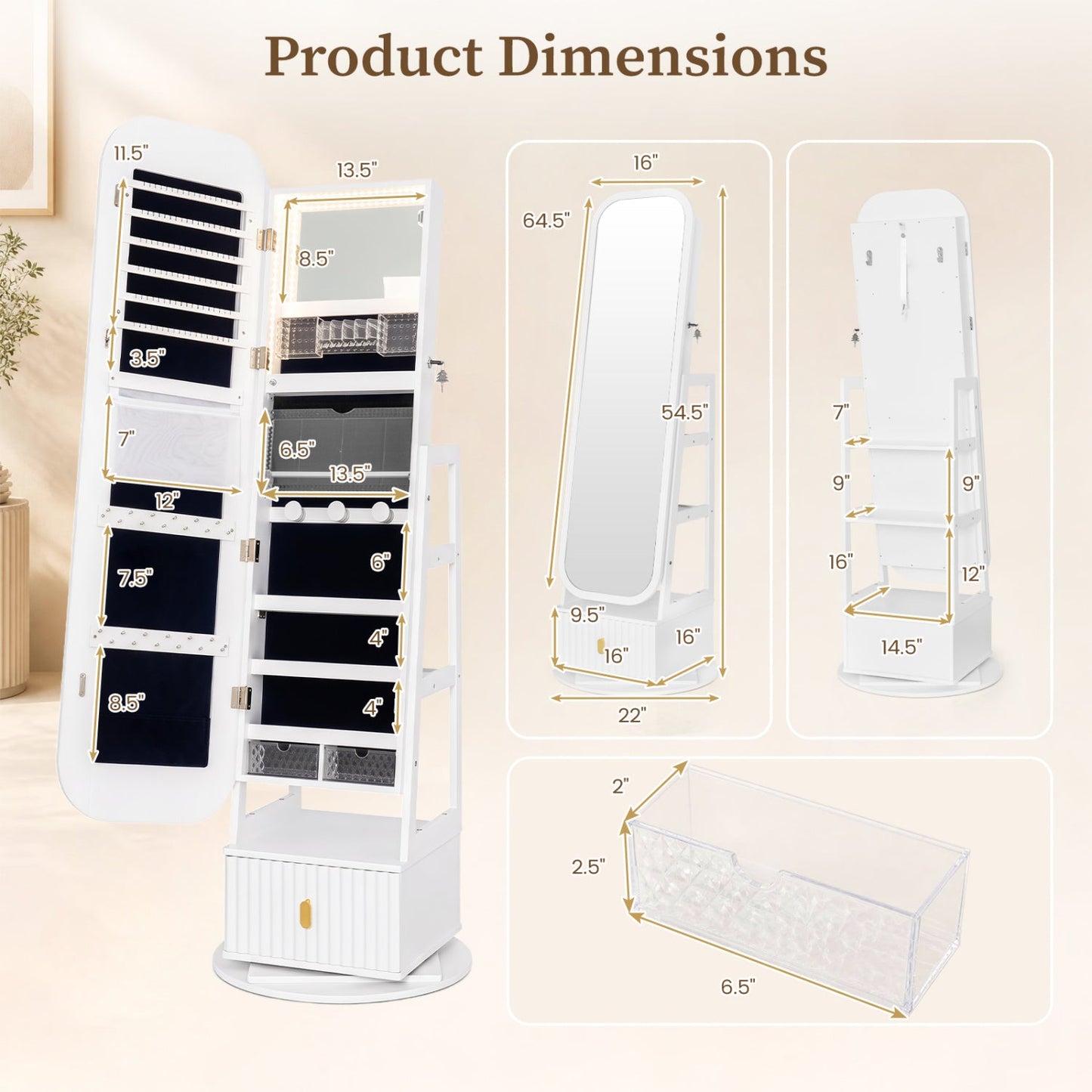 Jewelry Armoire with Full-Length Mirror and 360° Swivel Base