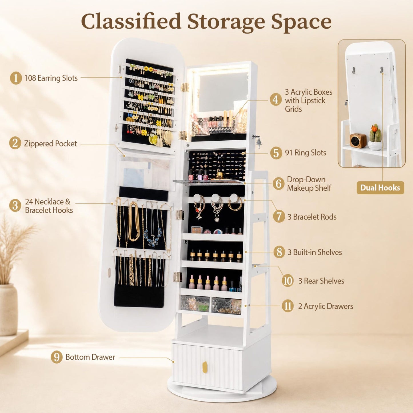 Jewelry Armoire with Full-Length Mirror and 360° Swivel Base