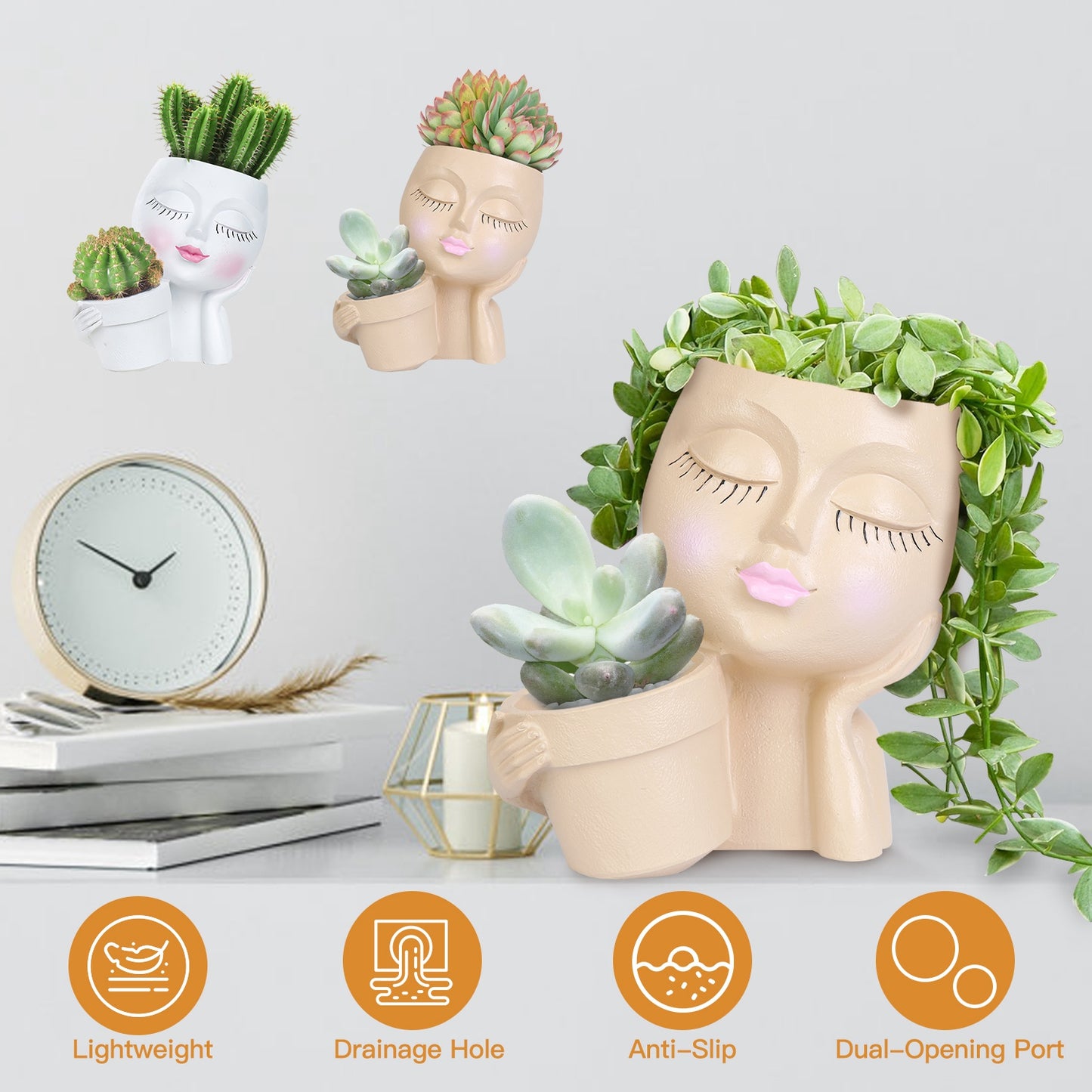 Girl Face Planter Pot with Dual Opening & Drainage Hole