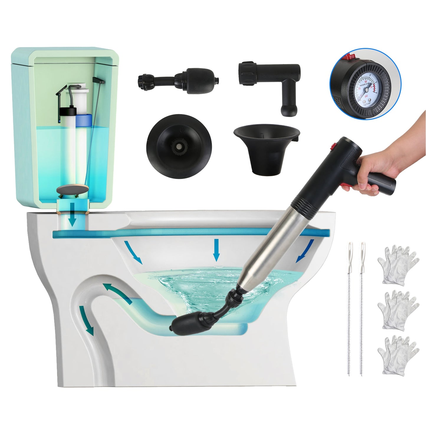 Electric Toilet Plunger with Pressure Display & Multiple Heads
