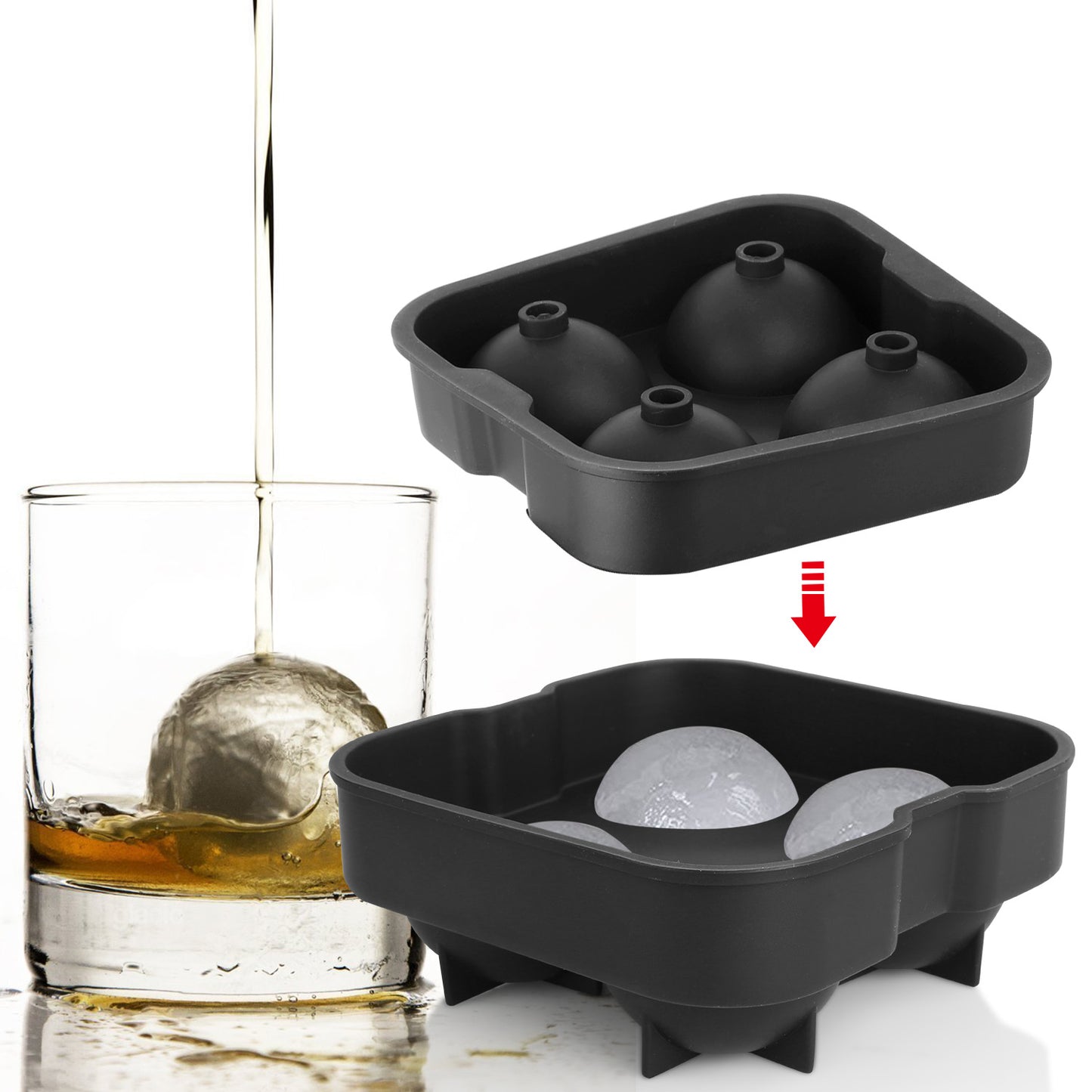 Sphere Ice Ball Maker Mold - 4 Cavity Silicone Tray with Lid