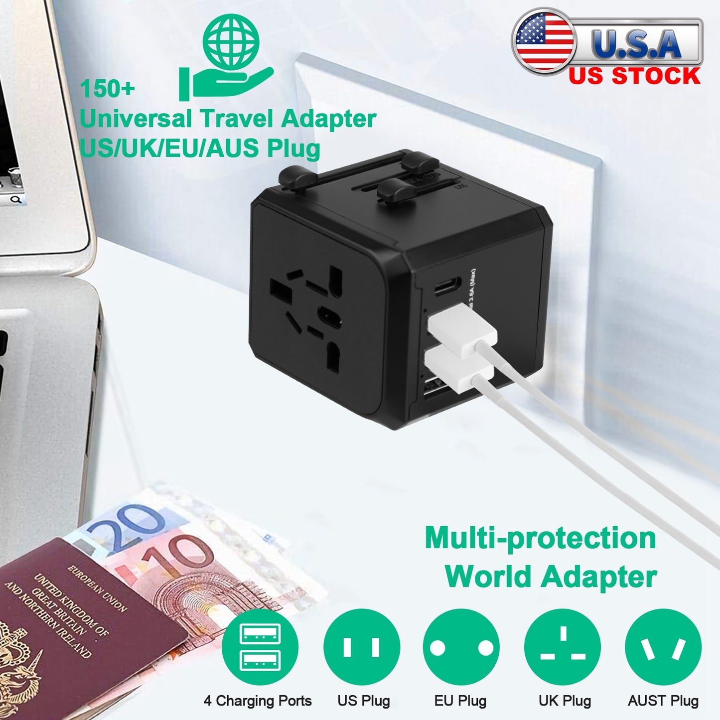 Universal Travel Adapter with 4 USB Ports for 150+ Countries