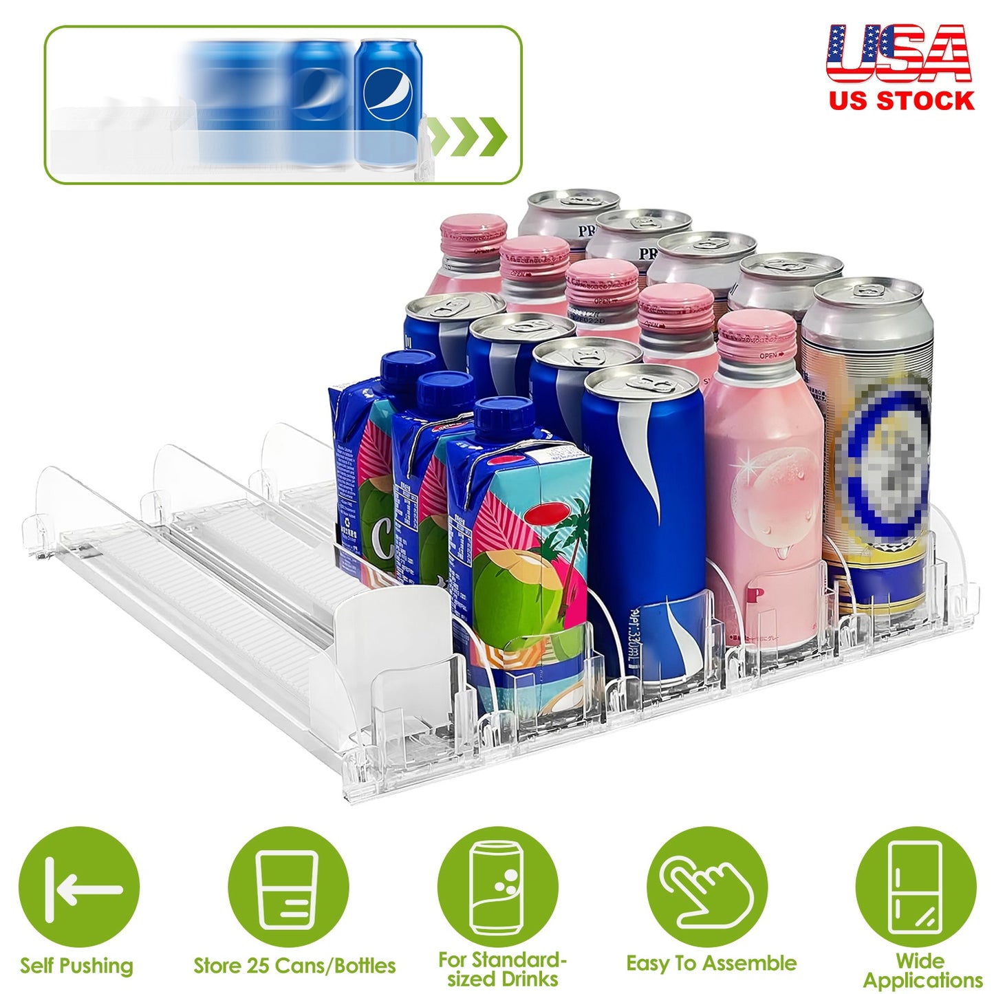 Spring Loaded Beverage Dispenser for Fridge – 5 Rows, 25 Cans