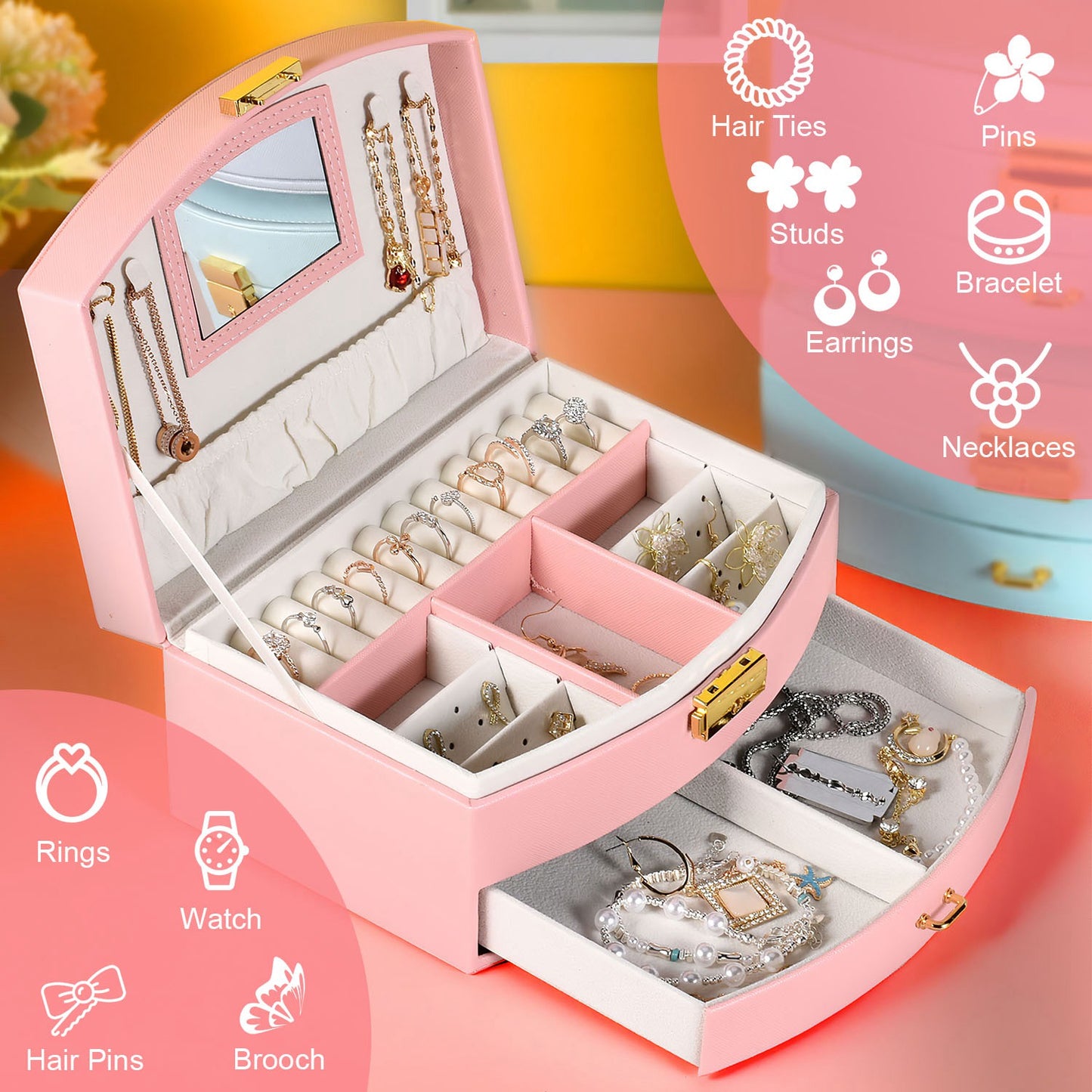 2-Layer Lockable Jewelry Box with Travel Handle & Mirror
