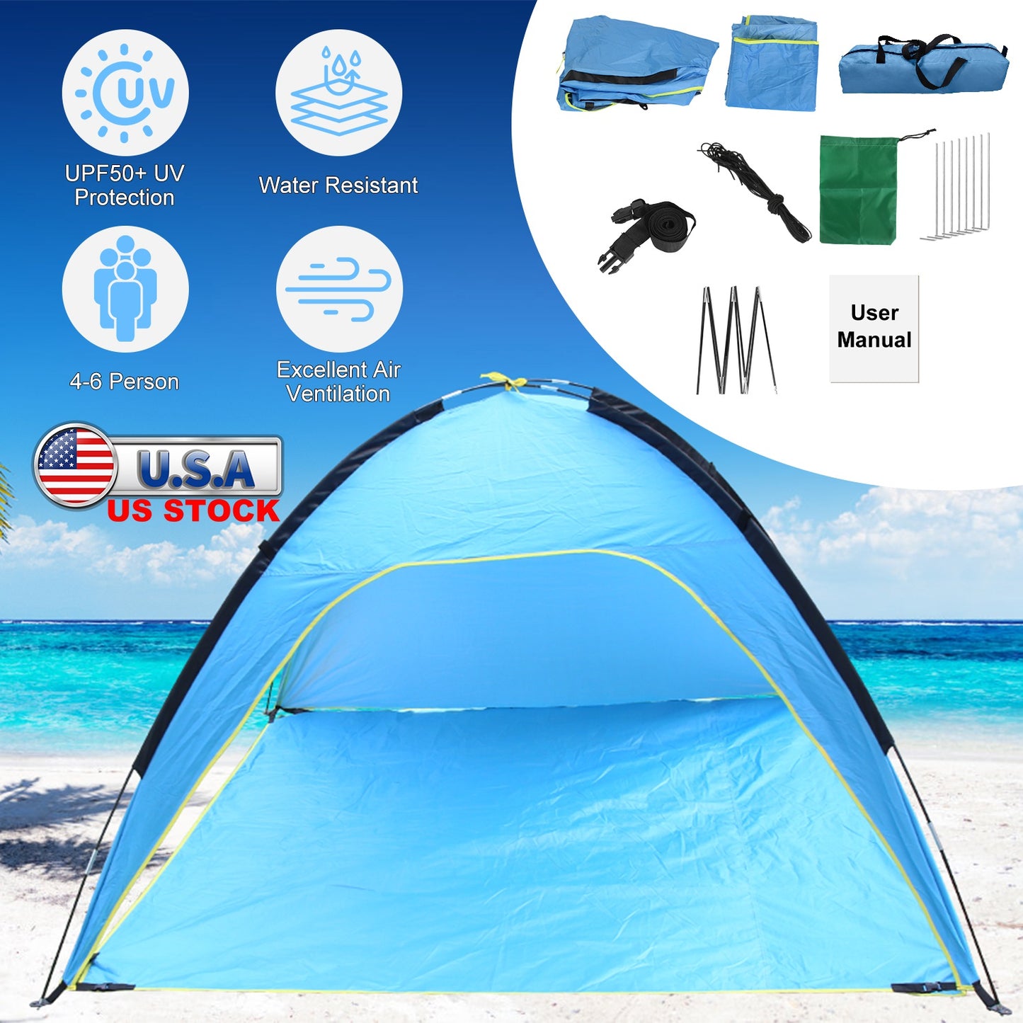 Beach Tent for 4-6 People with UPF 50+ Sun Protection