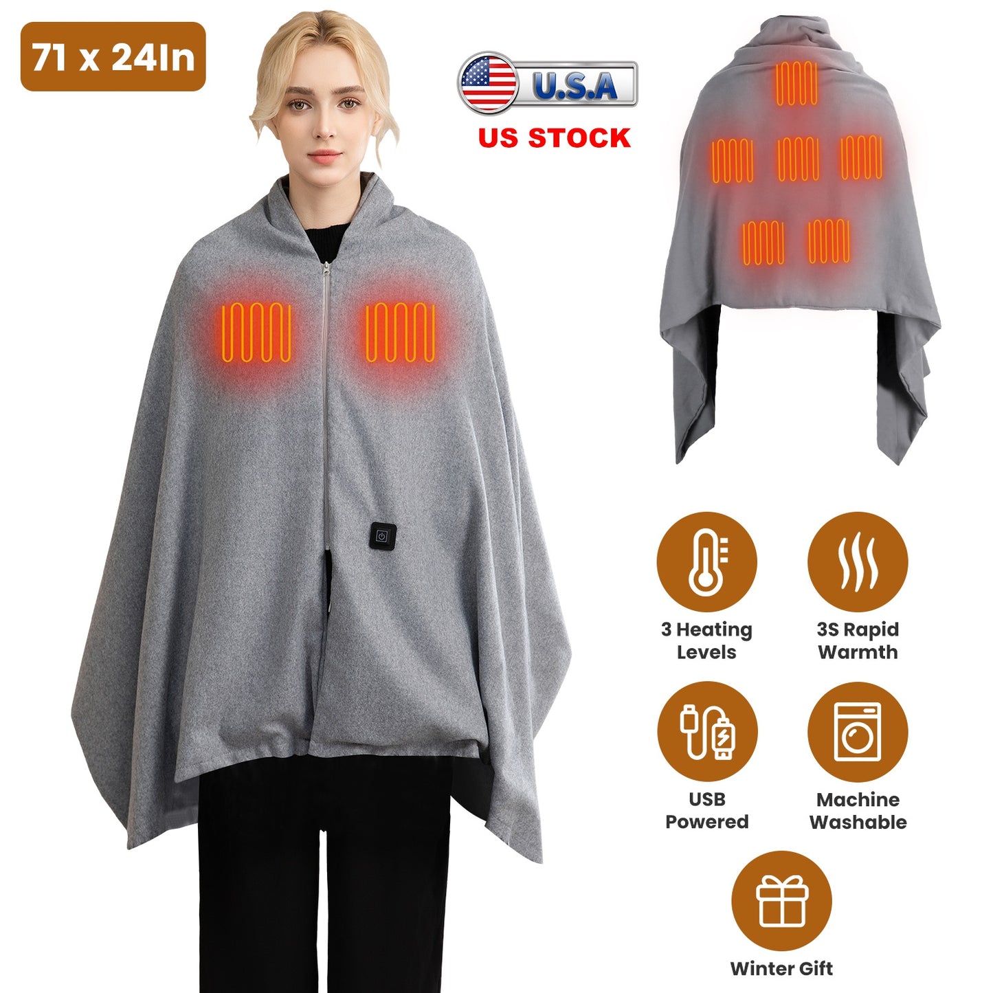 USB Heated Shawl with 3 Heat Levels and Zipper