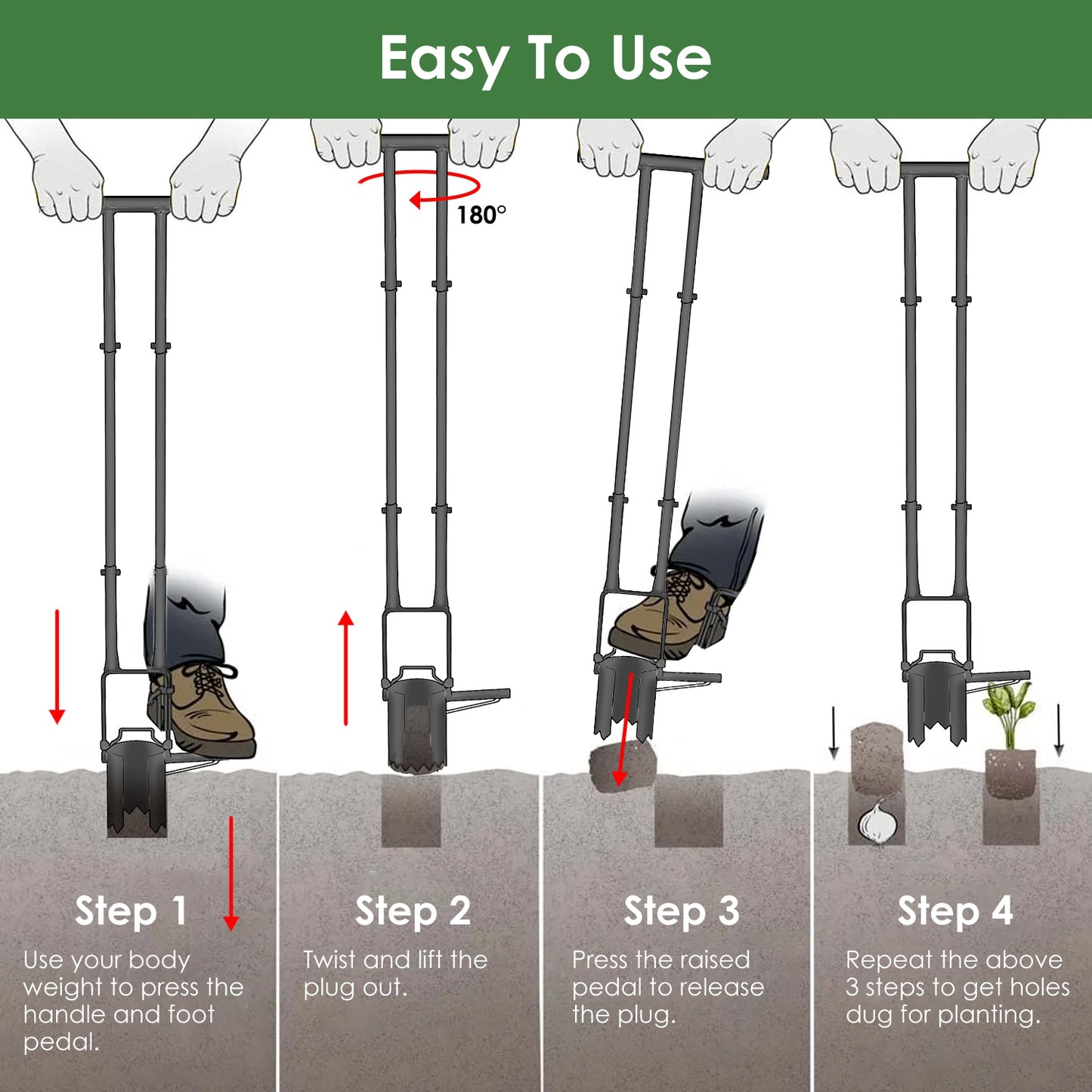 Long Handle Bulb Planter Tool with Foot Pedal & Serrated Base