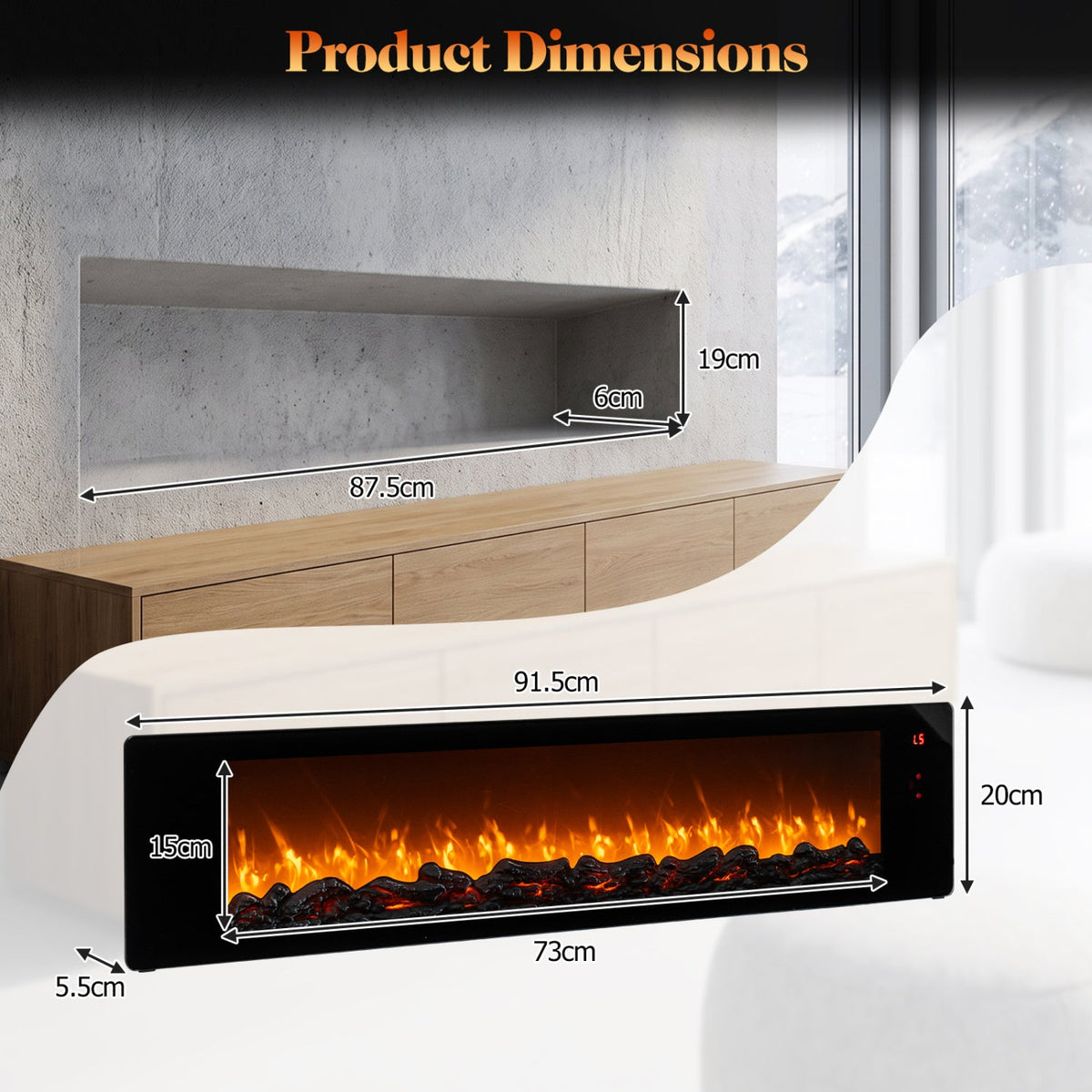 36" Electric Fireplace with 5-Level Adjustable Brightness