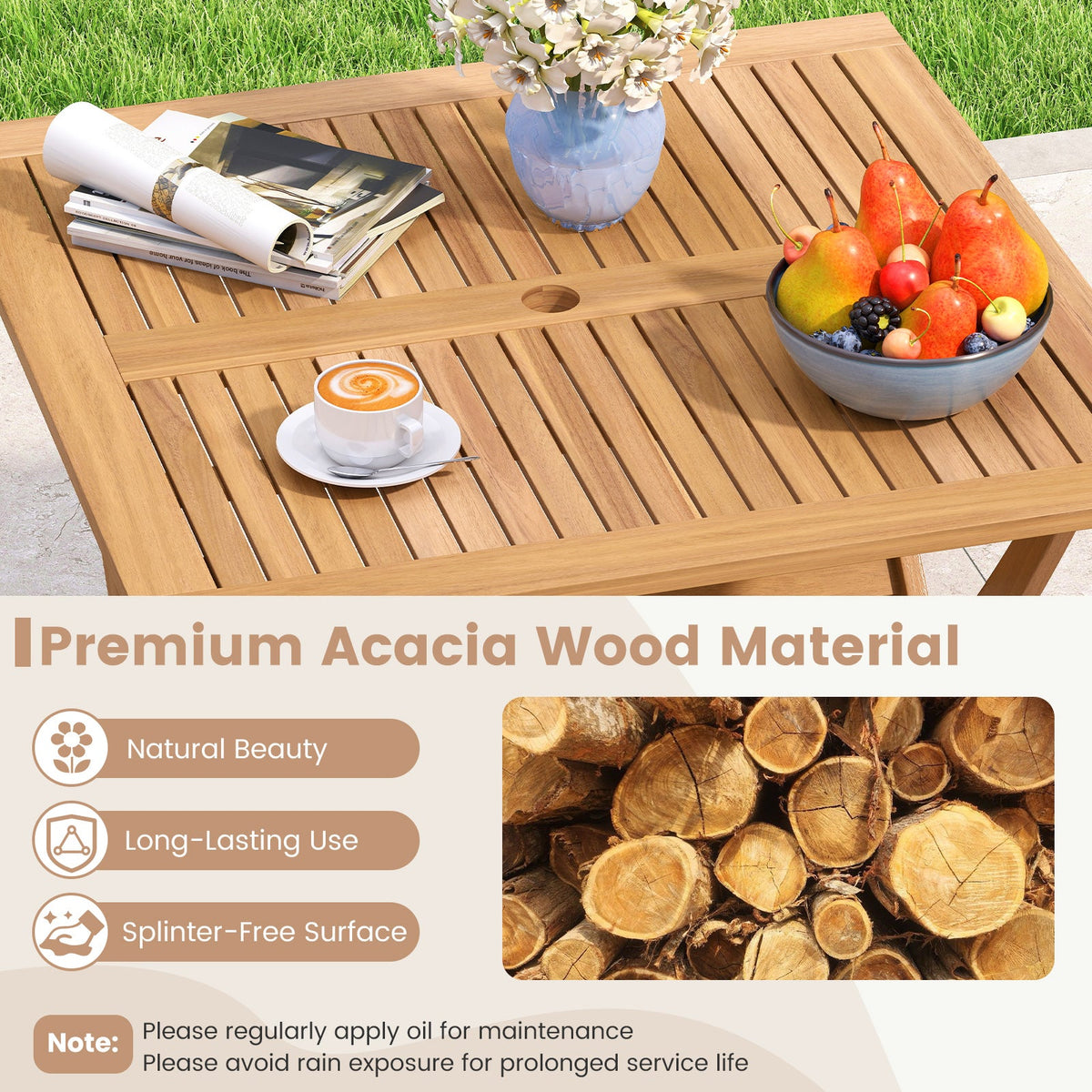 36-Inch Acacia Wood Folding Patio Dining Table with Umbrella Hole for 4 People