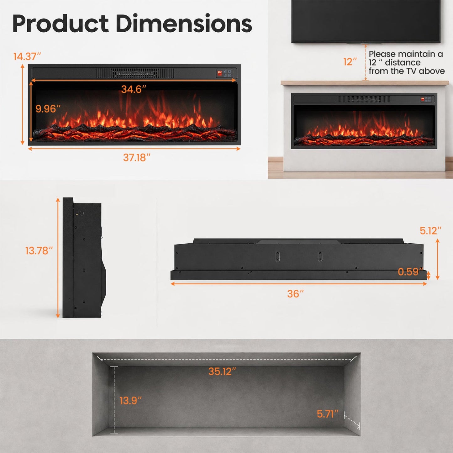 Recessed Electric Fireplace Heater with Remote Control