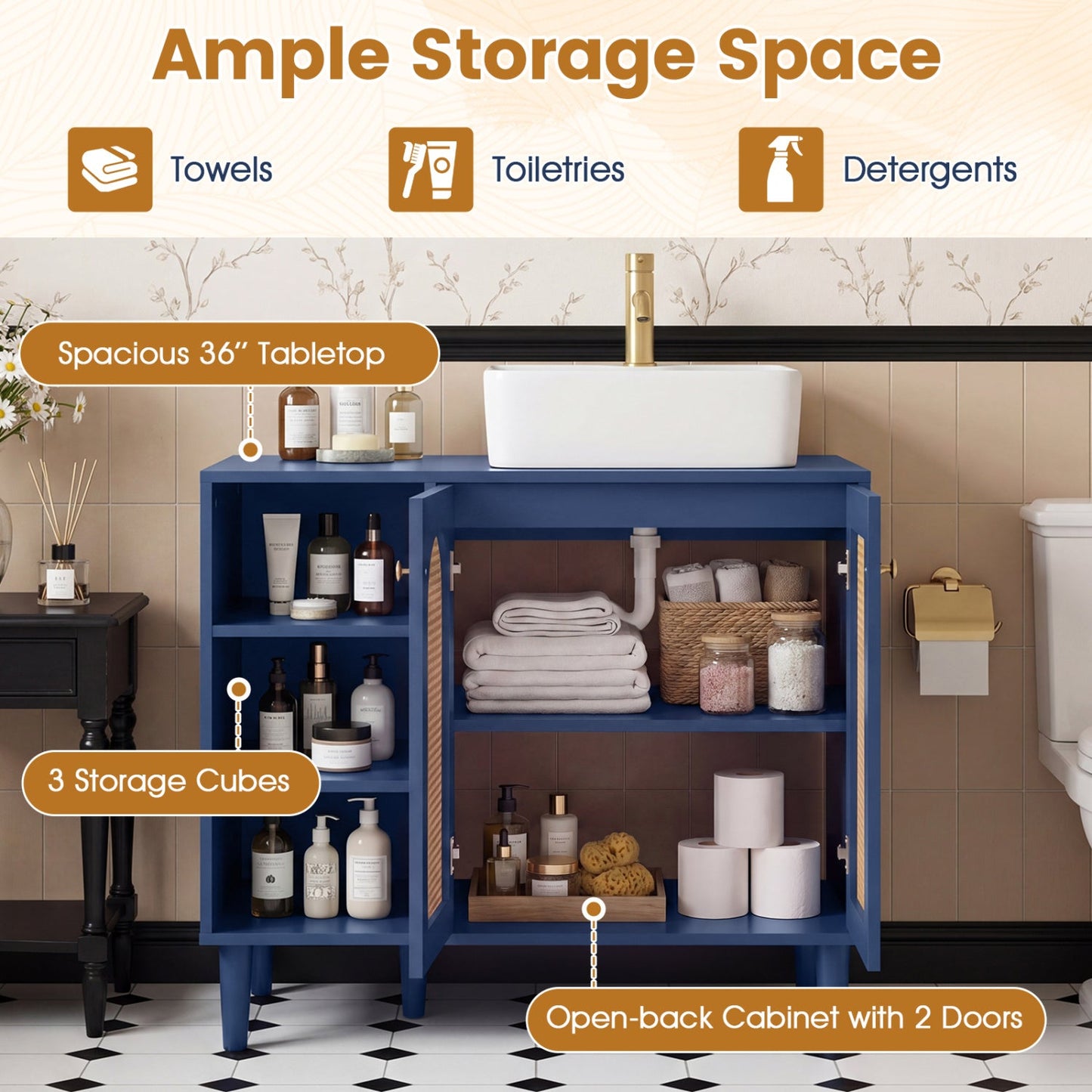 36 Inch Under Sink Cabinet Boho for Vessel Sinks and Single-Handle Faucets