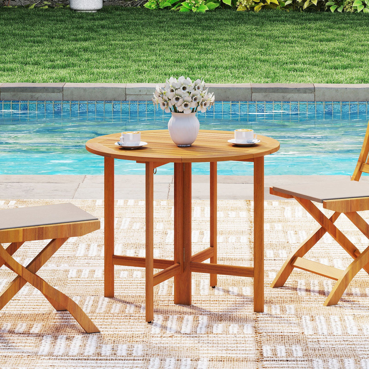 36 Inches Outdoor Folding Round Dining Table with Slatted Tabletop