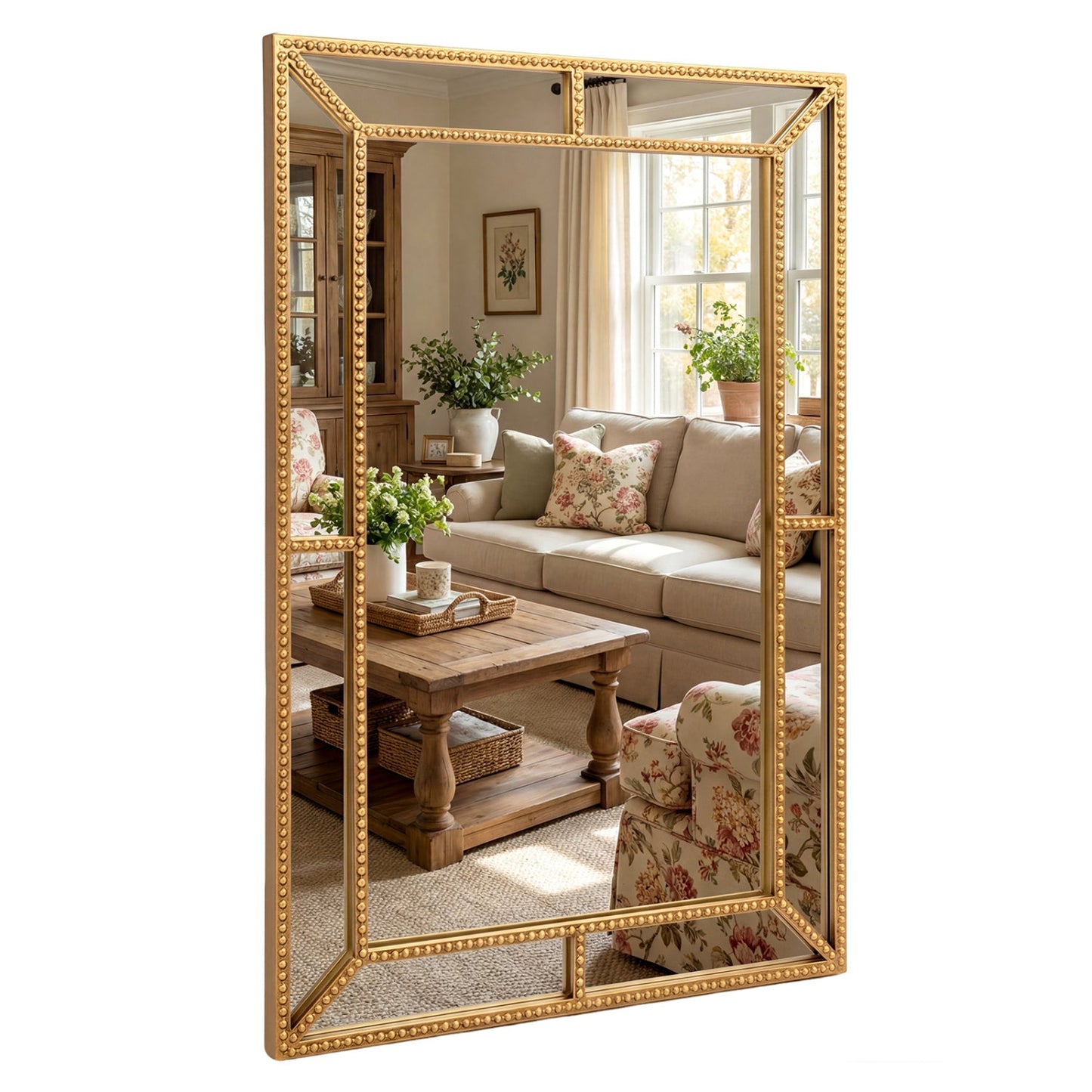 36 x 24 Inch Gold Wall Mirror with Beaded Frame for Living Room