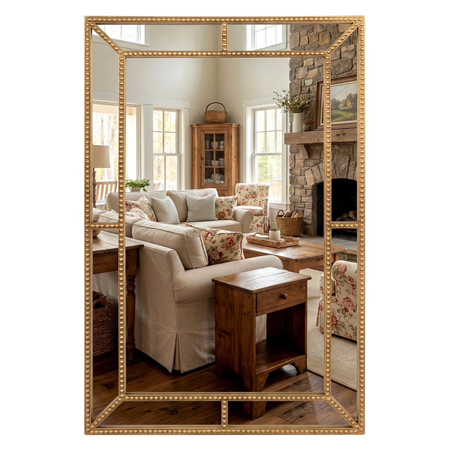 36 x 24 Inch Gold Wall Mirror with Beaded Frame for Living Room