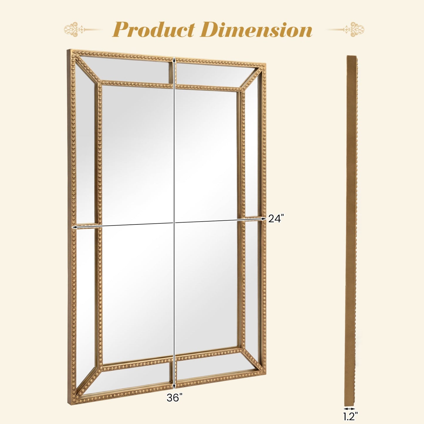 36 x 24 Inch Gold Wall Mirror with Beaded Frame for Living Room