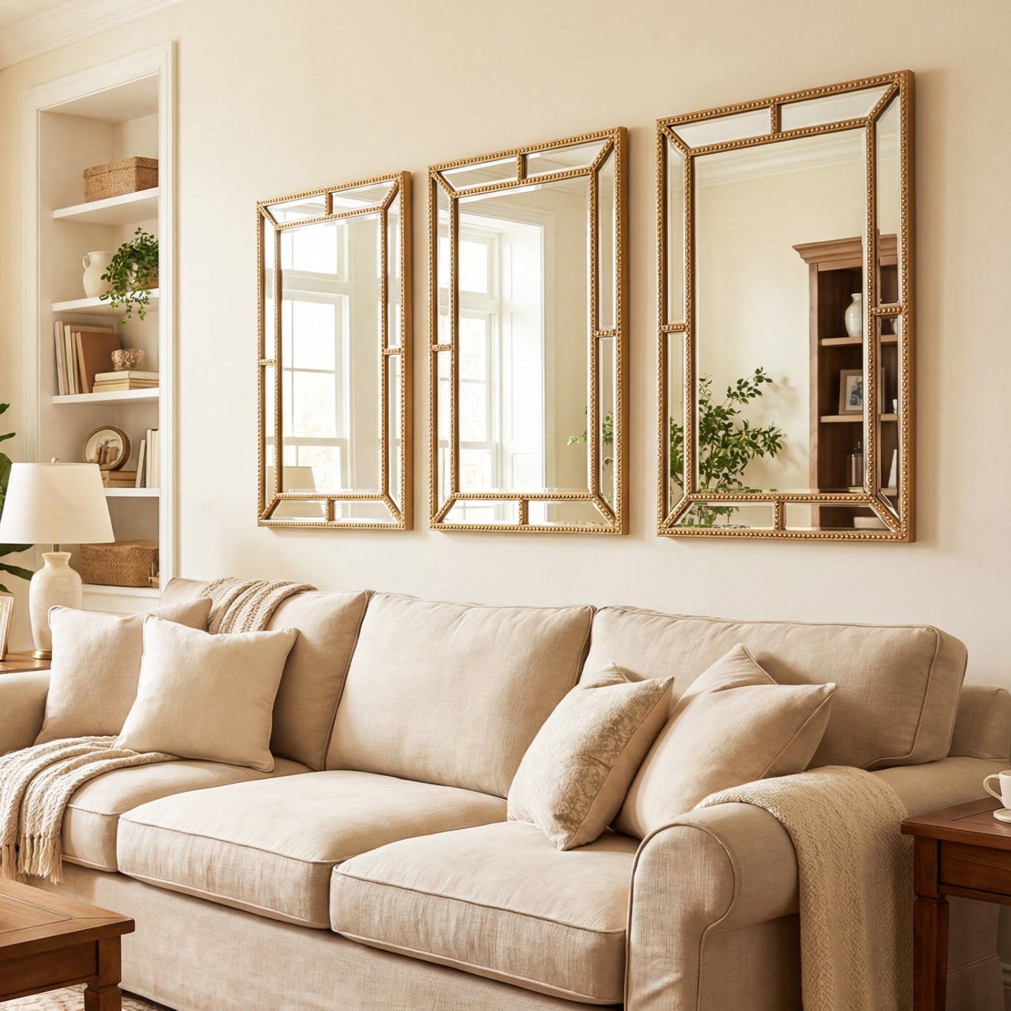 36 x 24 Inch Gold Wall Mirror with Beaded Frame for Living Room