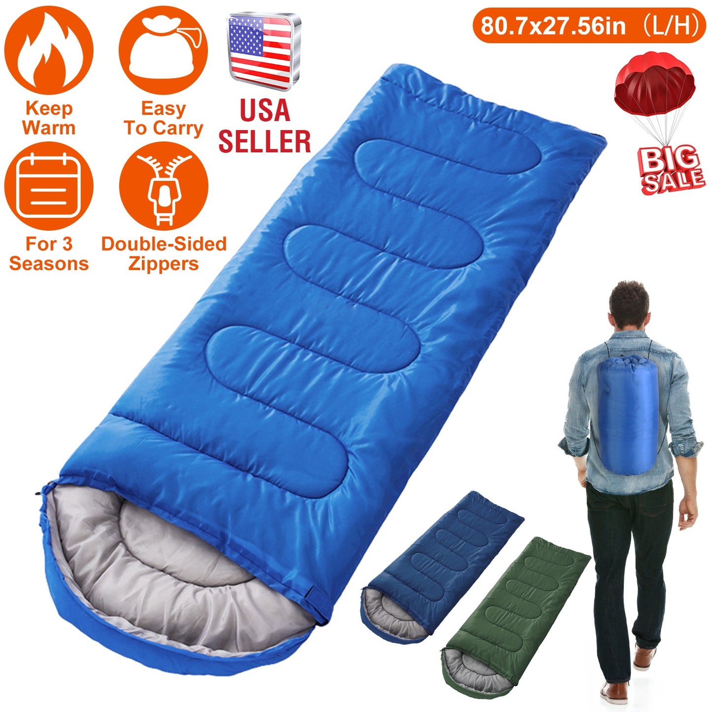 3-Season Sleeping Bag for Adults with Carry Bag 32-50°F