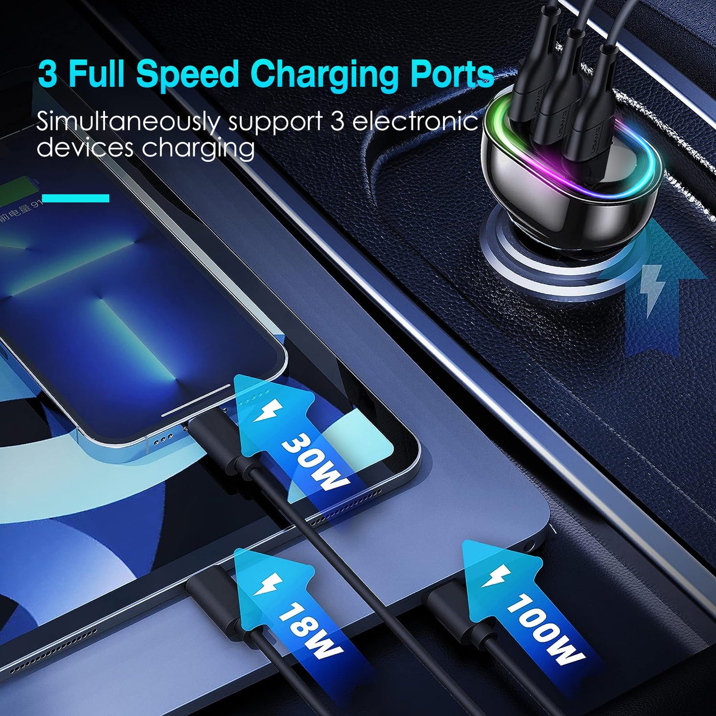 90W Fast Car Charger with 3 Ports and Ambient Light