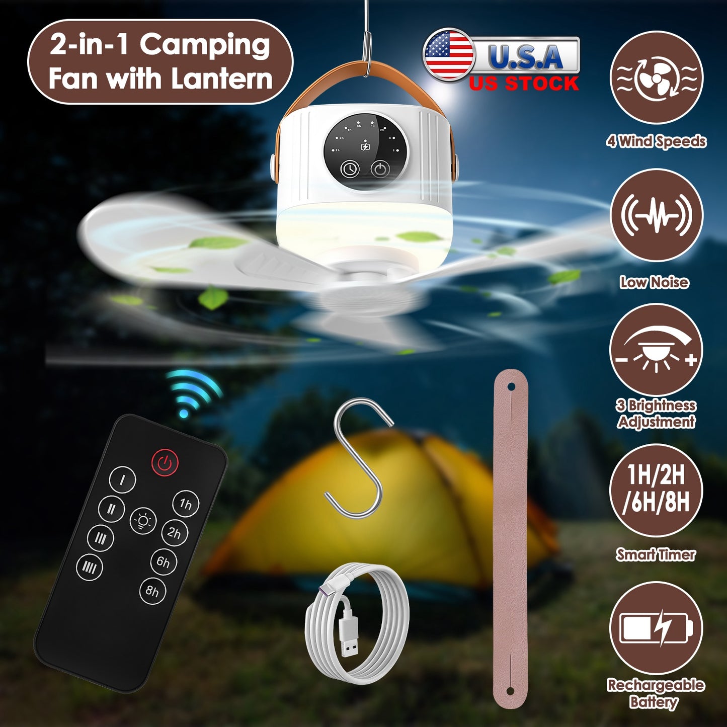 Rechargeable Tent Ceiling Fan with LED Light & Remote