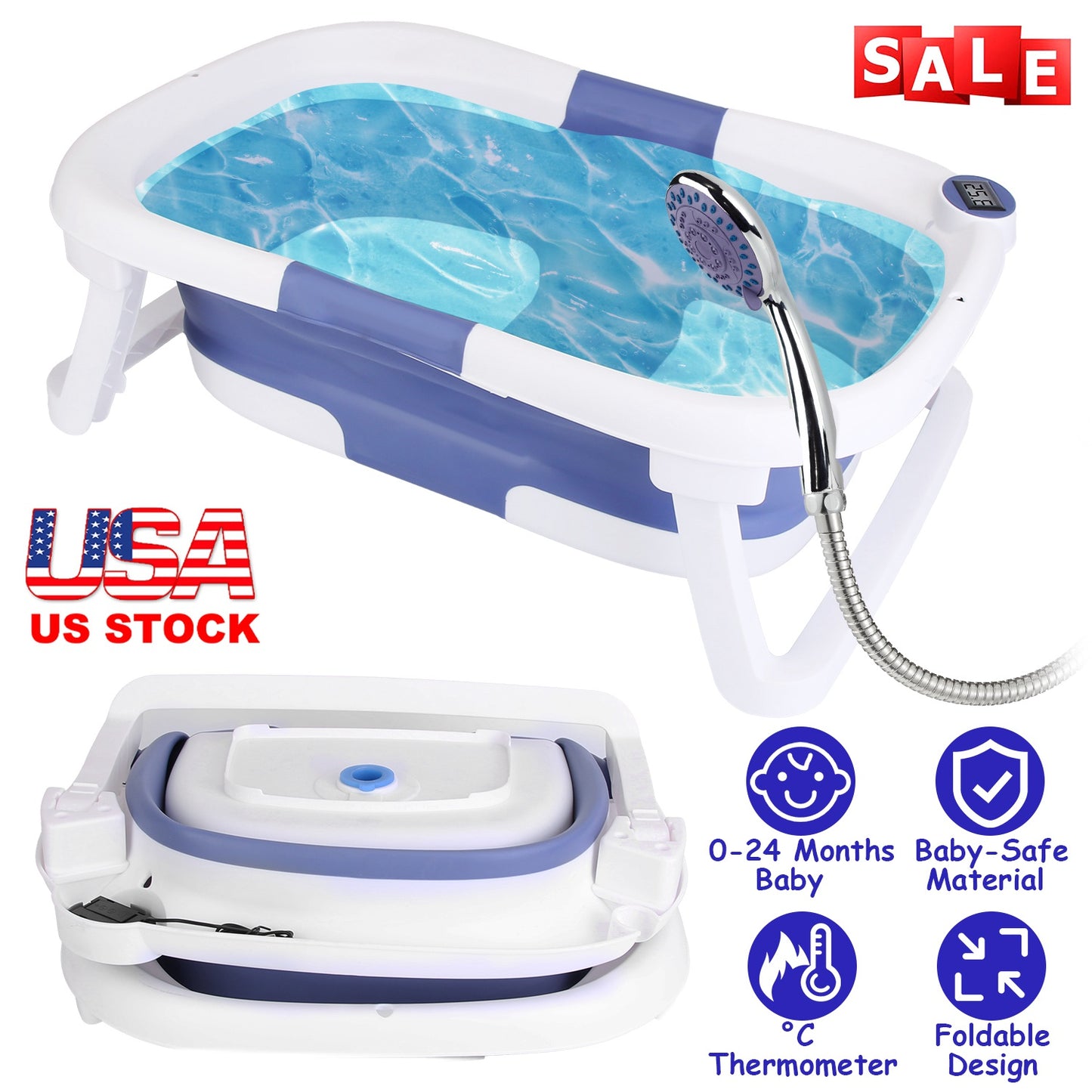 Collapsible Baby Bathtub with Thermometer for 0-24 Months