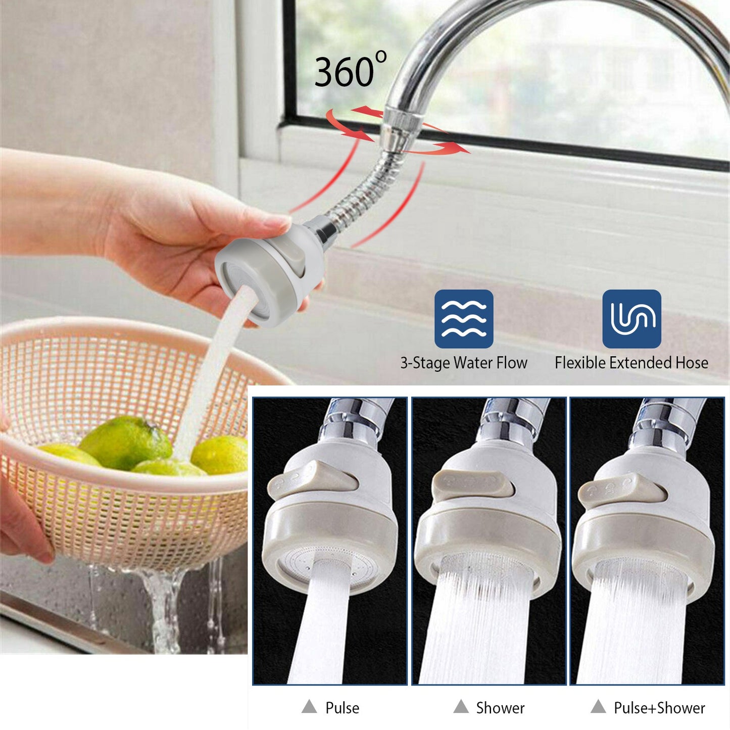 360° Rotatable Kitchen Faucet Aerator with 3 Spray Modes