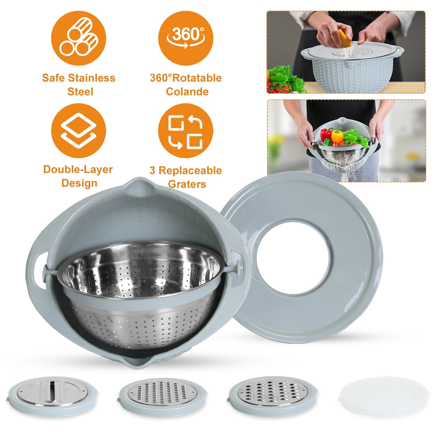 Mixing Bowl with Colander Set & 3 Graters - Multifunctional