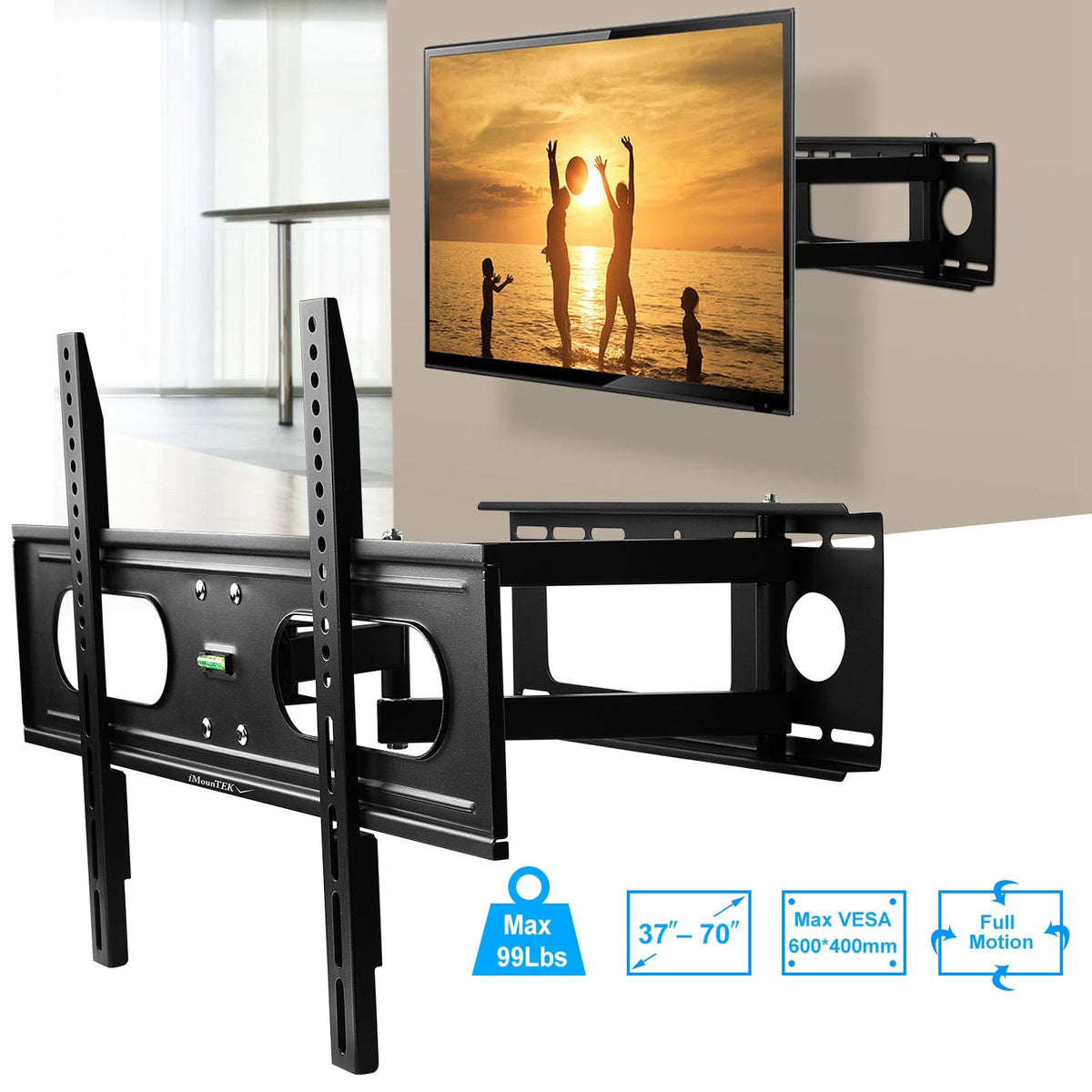 Full Motion TV Wall Mount Swivel Tilt TV Wall Rack Support 37-70Ó TV Wall Mount Max VESA Up To 600x400mm Holds Up To 99LBS