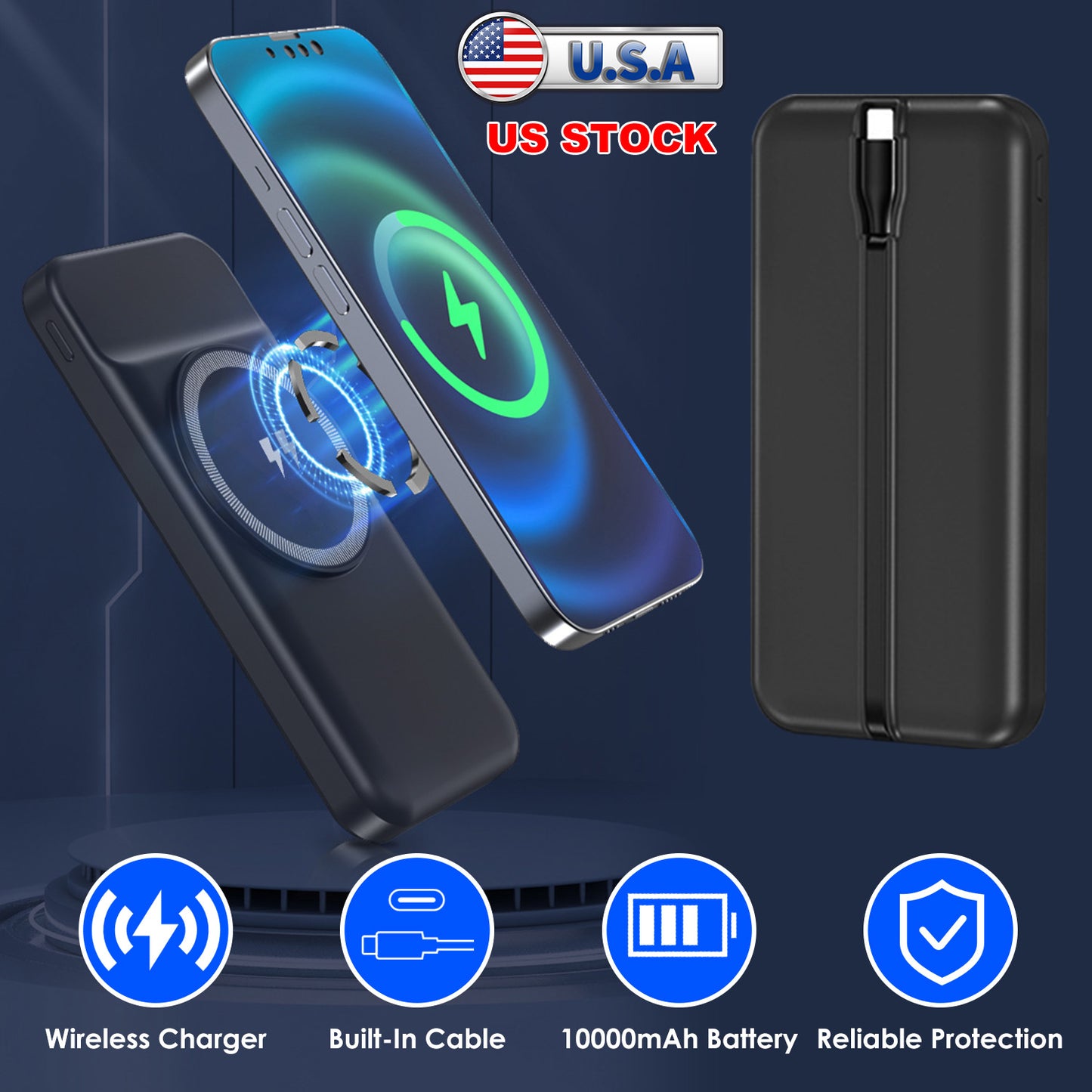 10000mAh Magnetic Wireless Power Bank with Built-In Cable