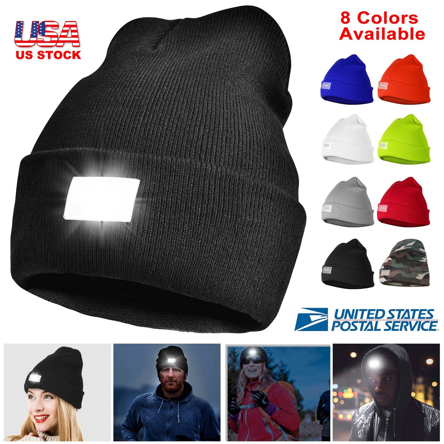 LED Knitted Beanie with Built-In Headlamp for Hands-Free Light