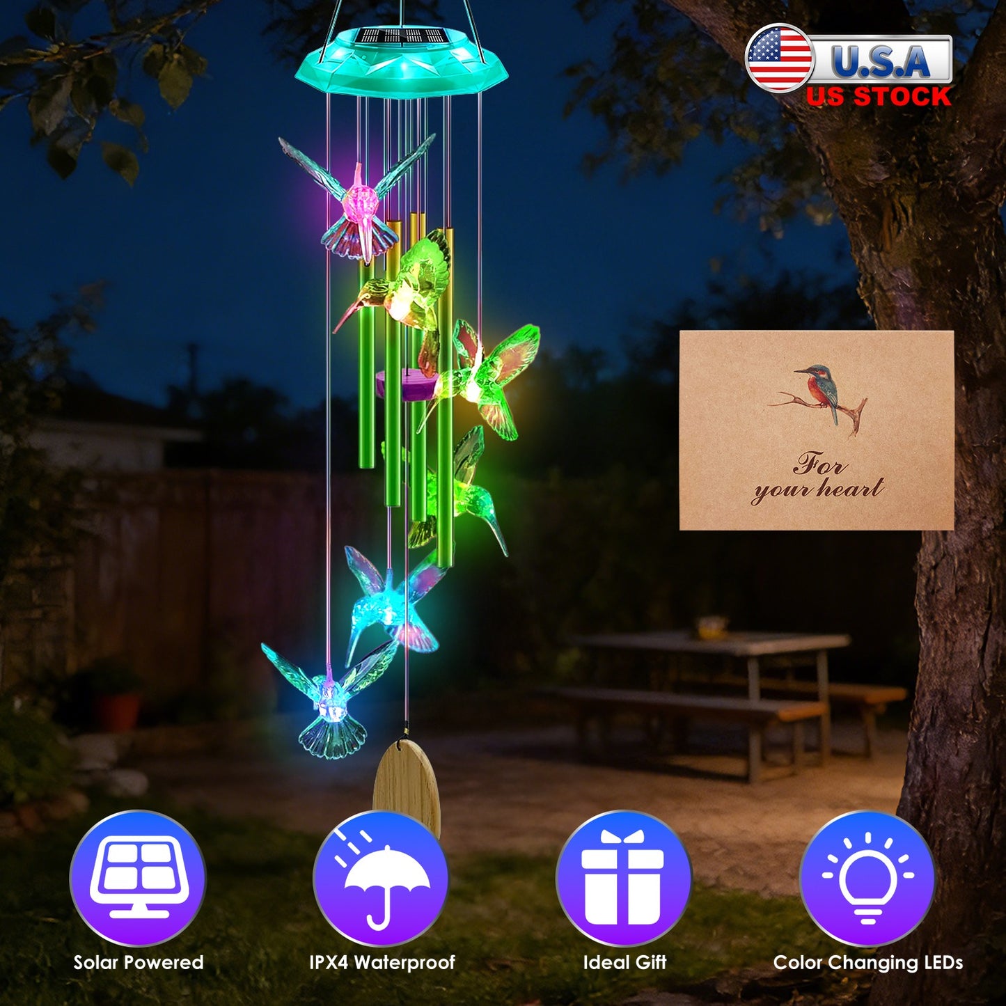 Solar Wind Chime with Color-Changing LED Lights & Aluminum Tubes