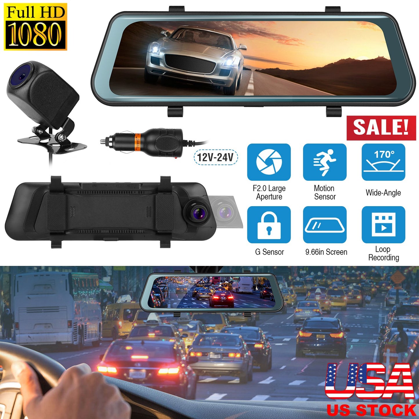 Dual Dash Camera 9.66" FHD 1080P Front & Rear with Night Vision