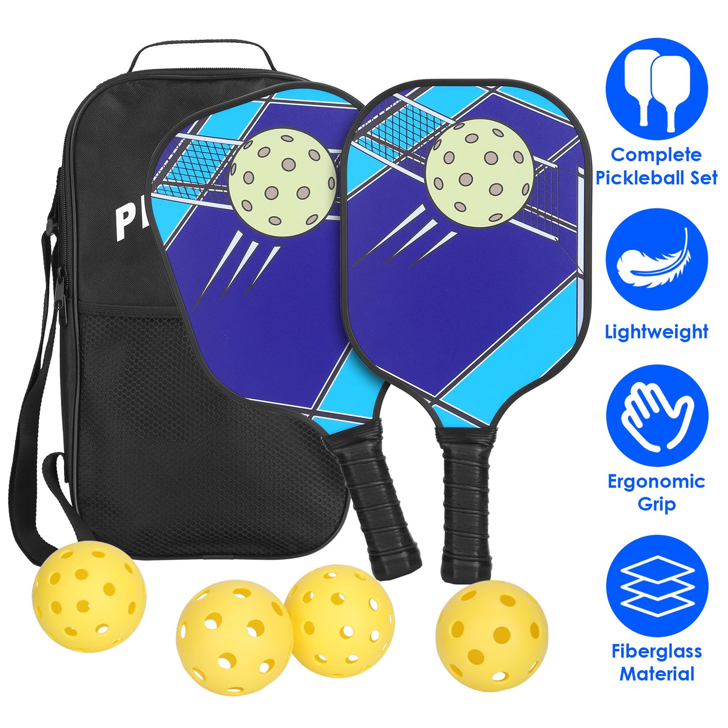 Pickleball Set with 2 Fiberglass Paddles & 4 Balls