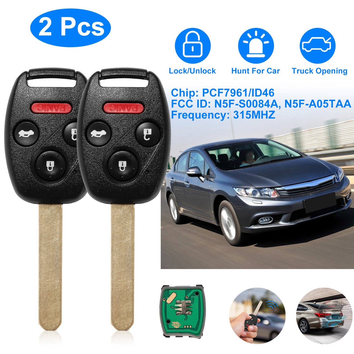 Remote Key Fob for Honda Civic 2006-2013 (2-Pack)