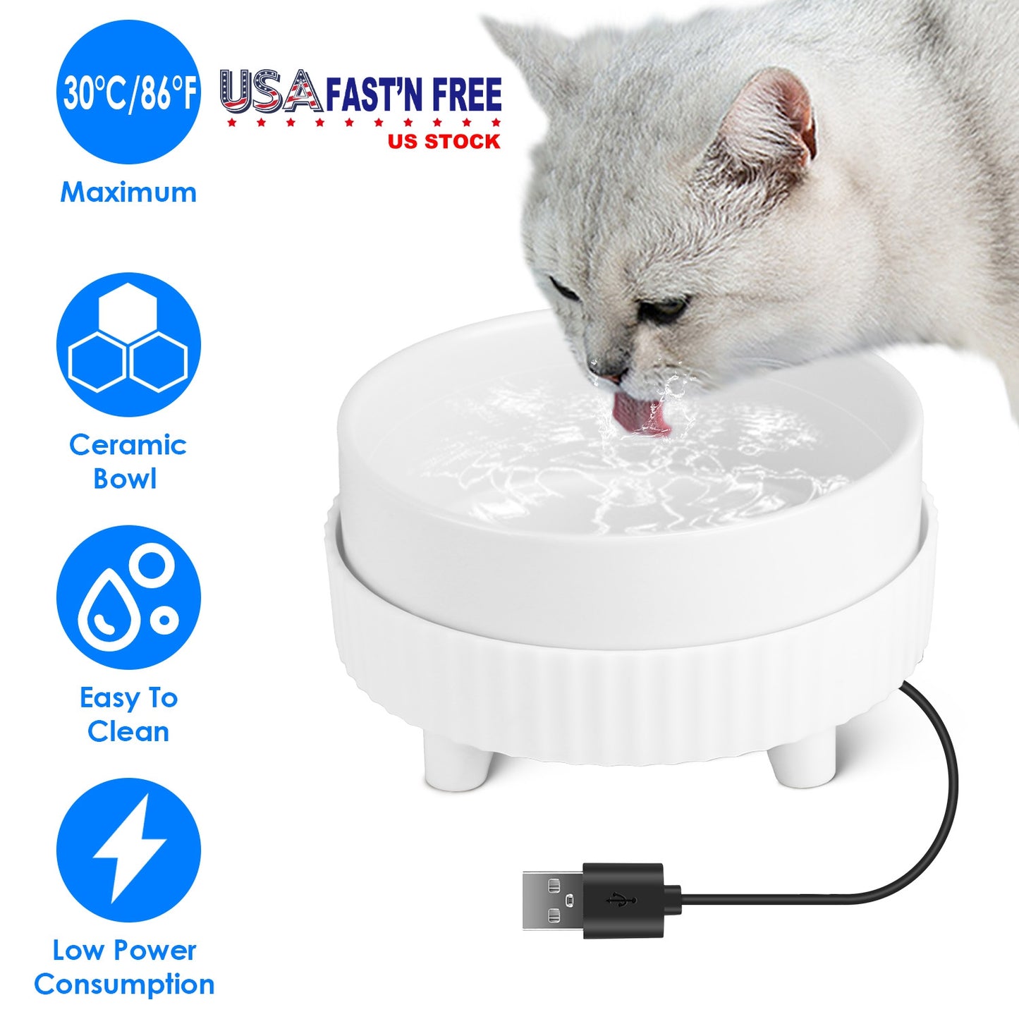 Heated Pet Water Bowl - USB Powered Ceramic Non-Freezing