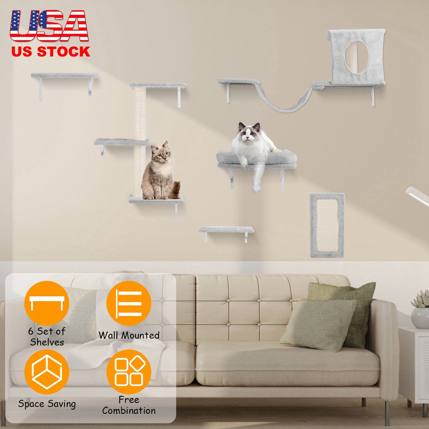 Cat Wall Shelves 6-Piece Climbing Set with Houses & Scratching Post