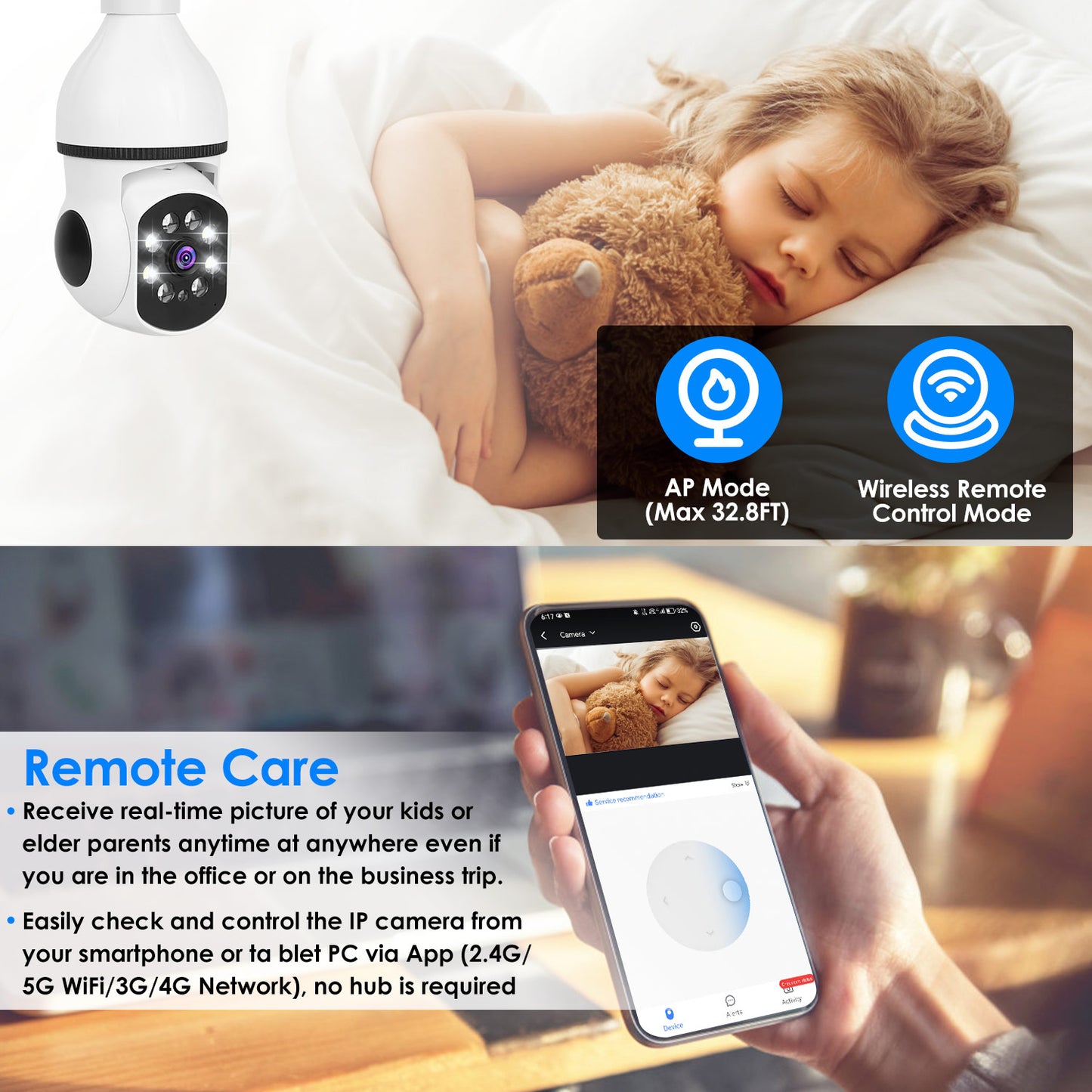 E27 WiFi Bulb Security Camera 1080P with Pan Tilt & Night Vision