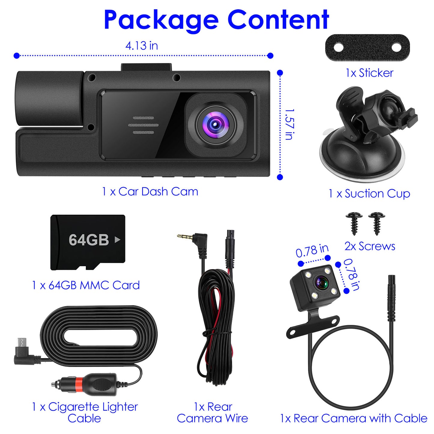 3-Channel Dash Cam with WiFi, 1080P Front & Rear Cameras