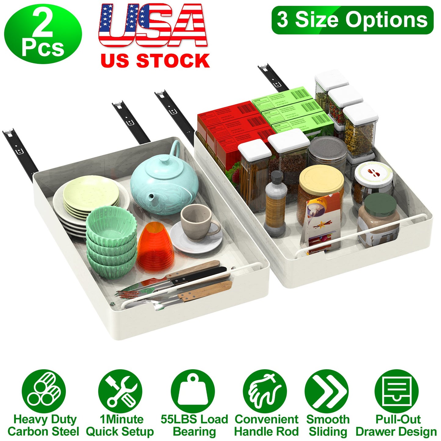 Pull Out Cabinet Organizers - 2 Pack Carbon Steel Sliding Drawers