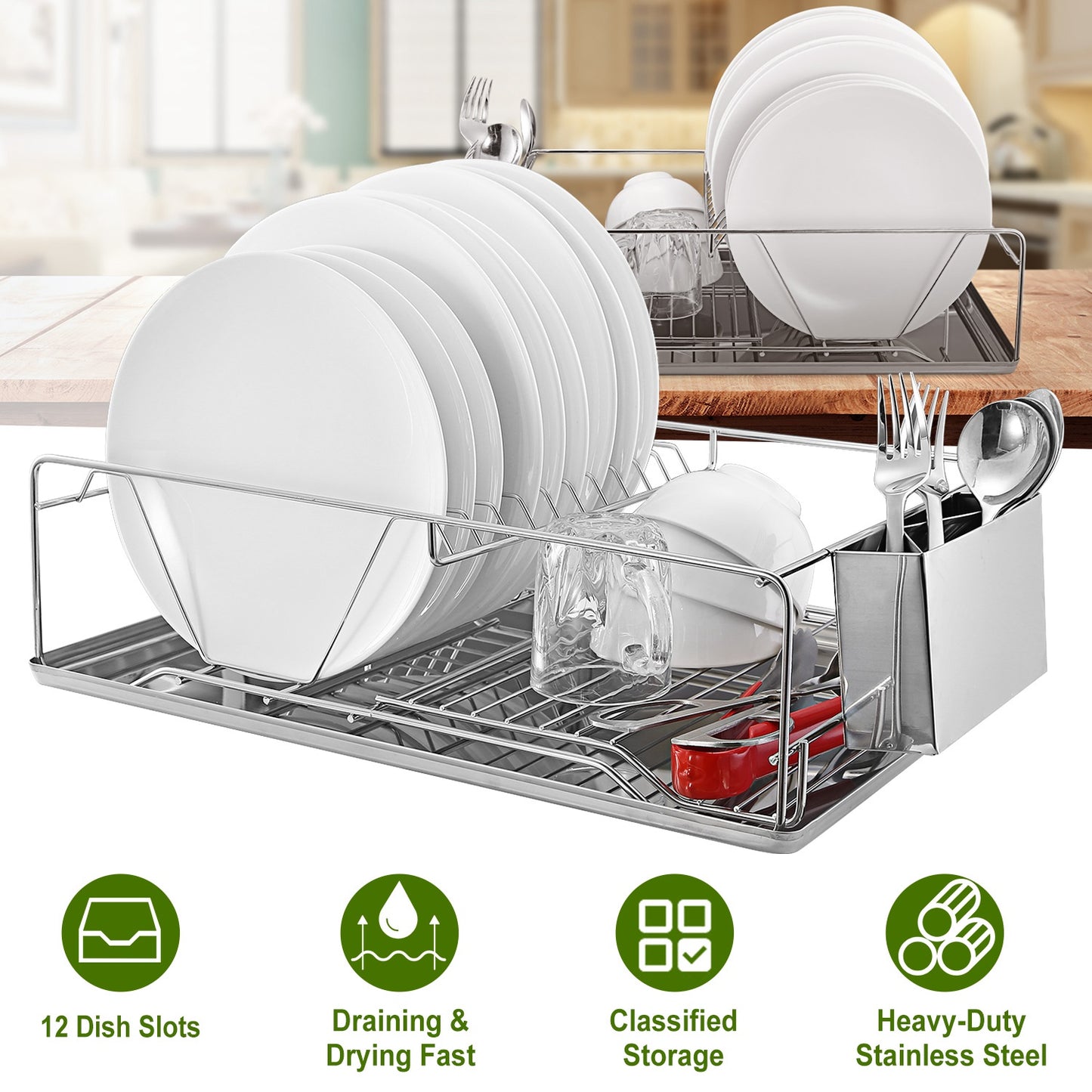 Stainless Steel Dish Drying Rack with Drainboard & Cutlery Holder