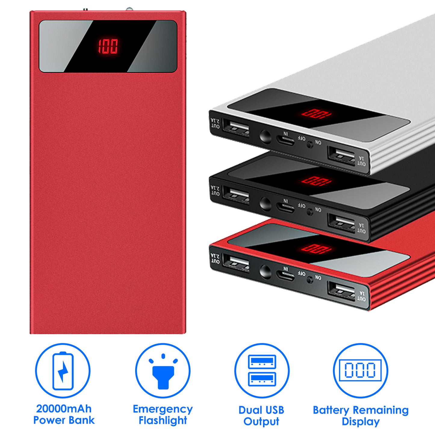 20000mAh Power Bank with Dual USB Ports and LED Flashlight